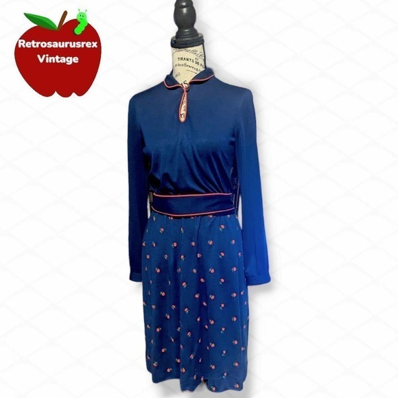 VINTAGE 70s Twee Apple Print Back to School Secretary Dress - Picture 9 of 11